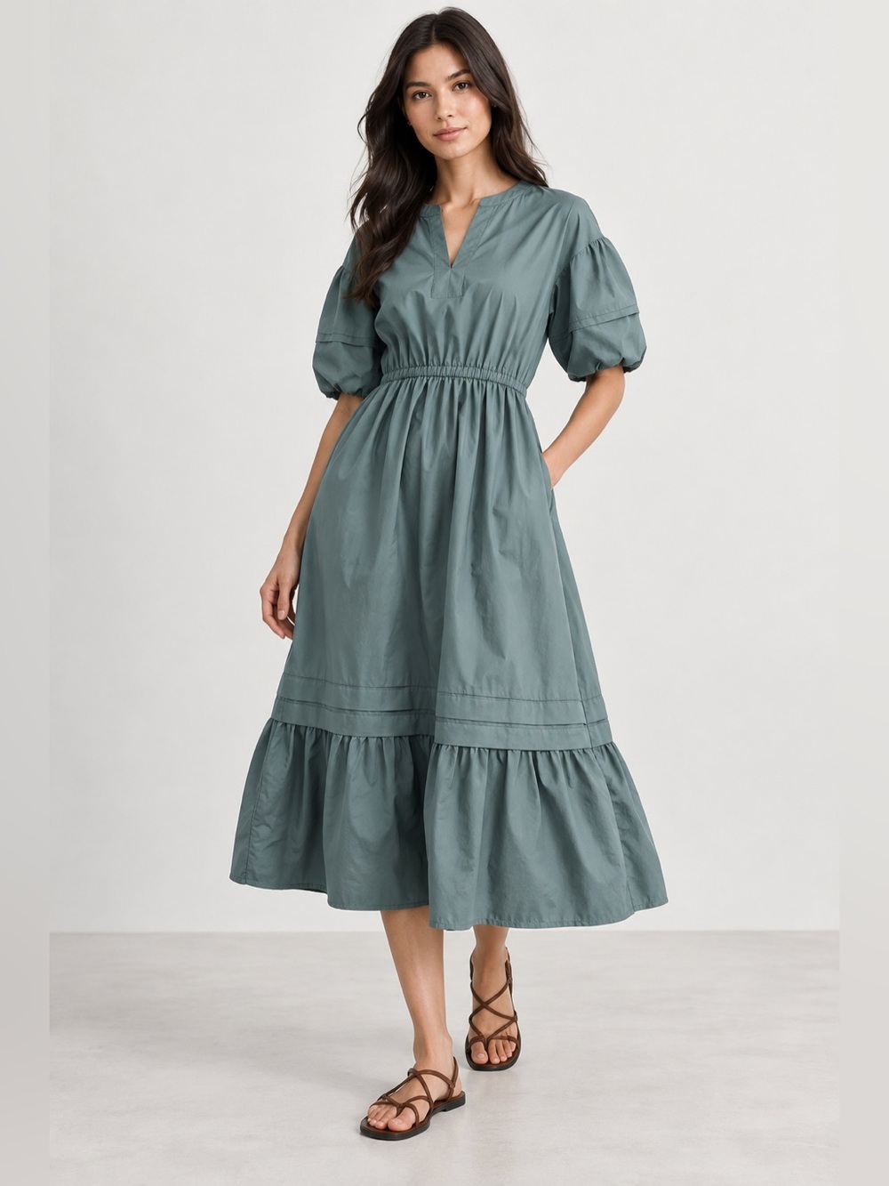 Banana Republic Puff Sleeve Cotton Tiered Midi Dress Slate Sage Green Pockets S
